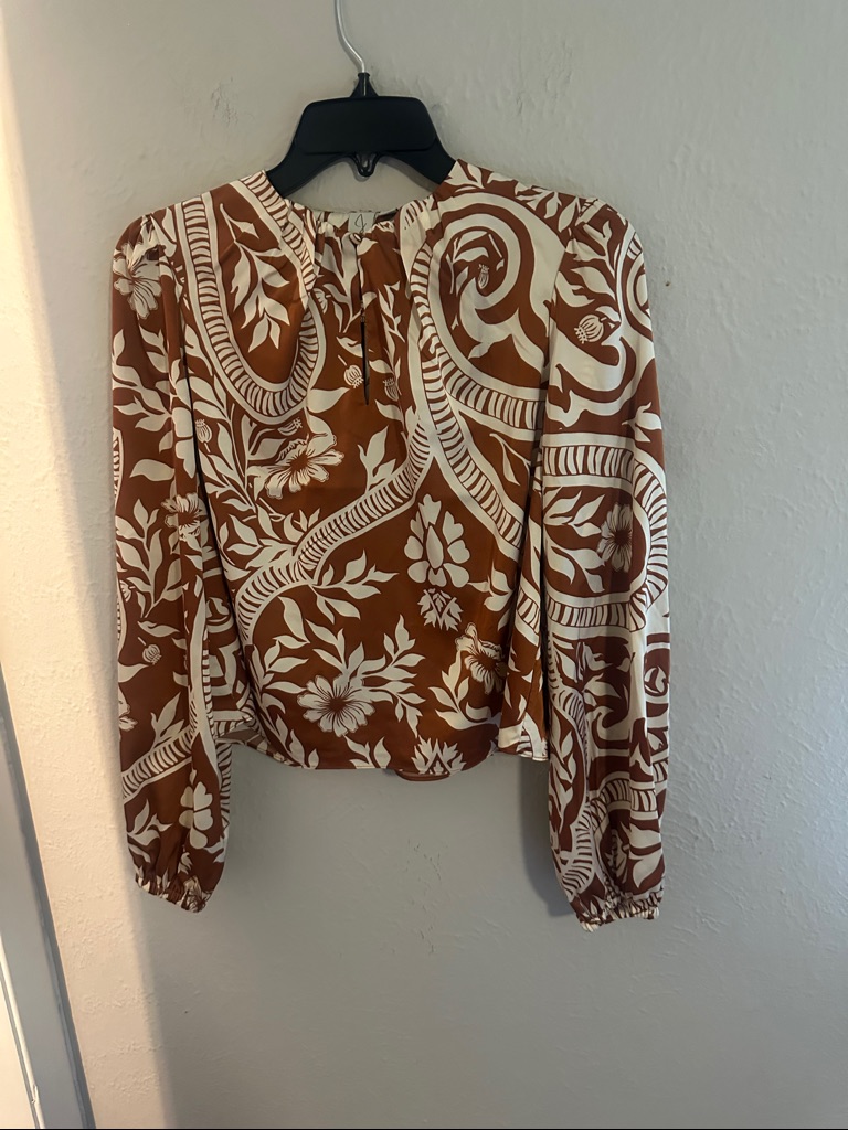 Joie Rust And Cream Scroll-Print Long Sleeve Blouse